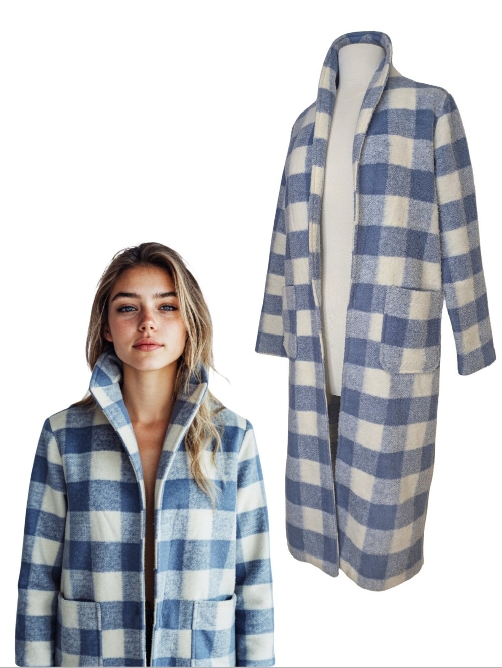 Tahari Wool Blend Longline Open Jacket Check Pattern Blue White